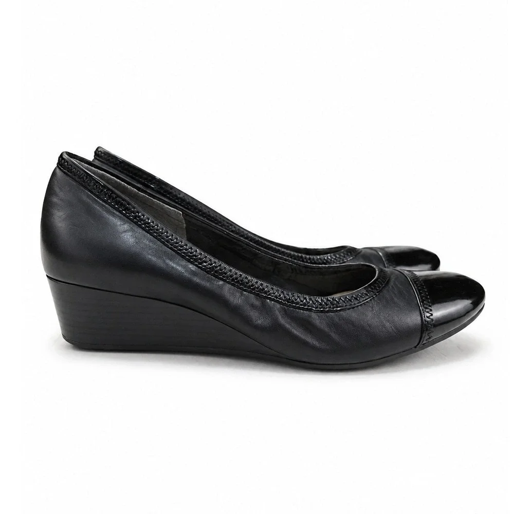 Cole Haan Wedge Pump Air Tali Black 9.5 Leather Patent Cap Toe Nike Air Comfort